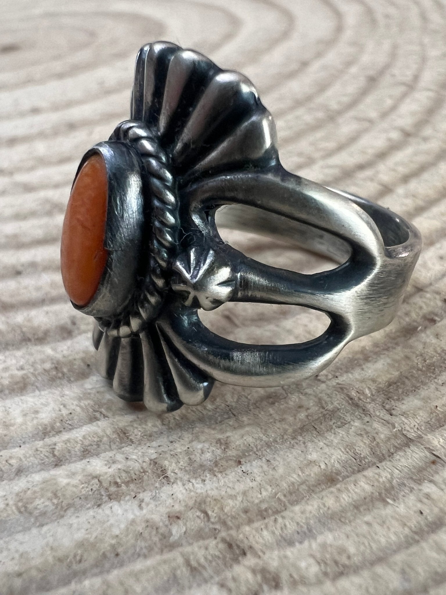 Orange Spiny Sunray Ring by Victor Coriz - Size 8.5 - Cowhide and Conchos