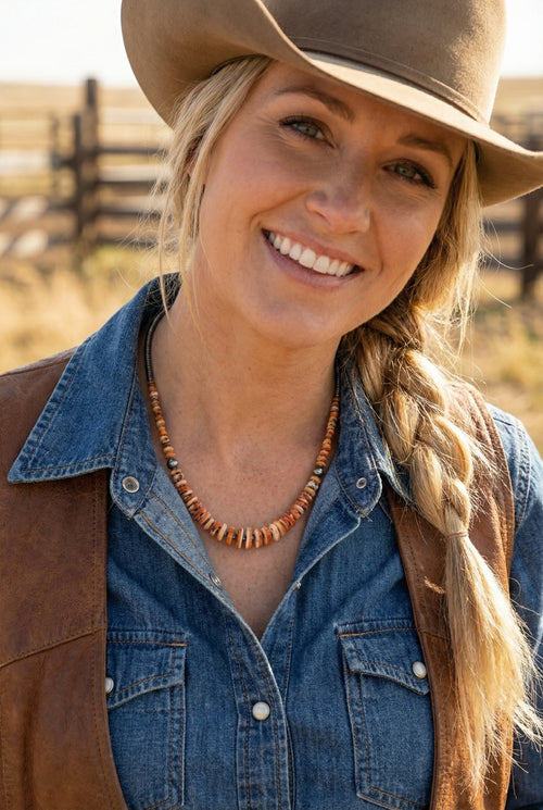Orange & Turquoise Graduated Necklace - 22 inch - Cowhide and Conchos