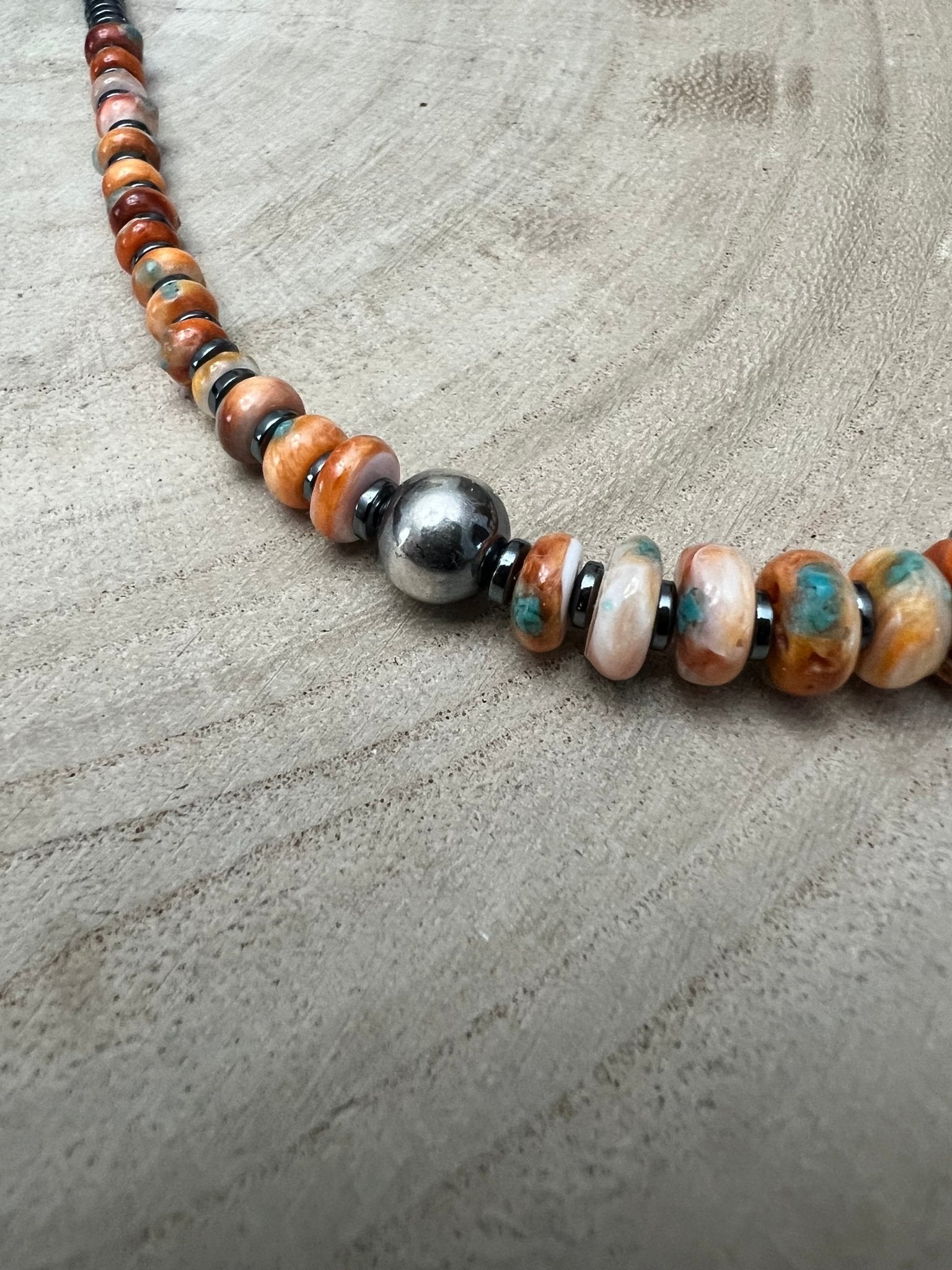 Orange & Turquoise Graduated Necklace - 22 inch - Cowhide and Conchos