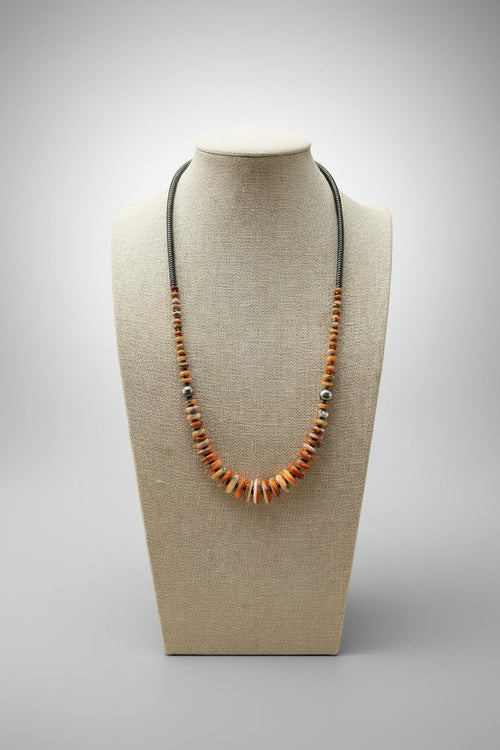 Orange & Turquoise Graduated Necklace - 22 inch - Cowhide and Conchos