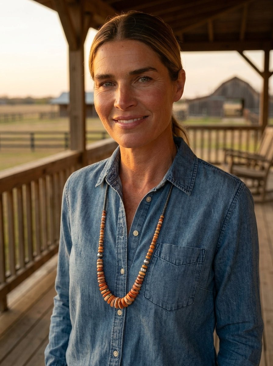 Orange & Turquoise Graduated Necklace with Sterling Silver Pearl Accents — 22 inch - Cowhide and Conchos