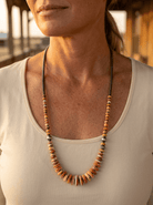 Orange & Turquoise Graduated Necklace with Sterling Silver Pearl Accents — 22 inch - Cowhide and Conchos