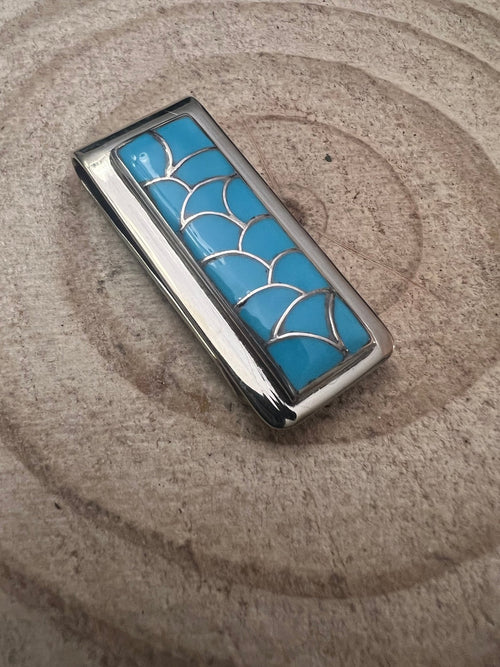 Orena Leekya Turquoise Inlay Money Clip - Cowhide and Conchos