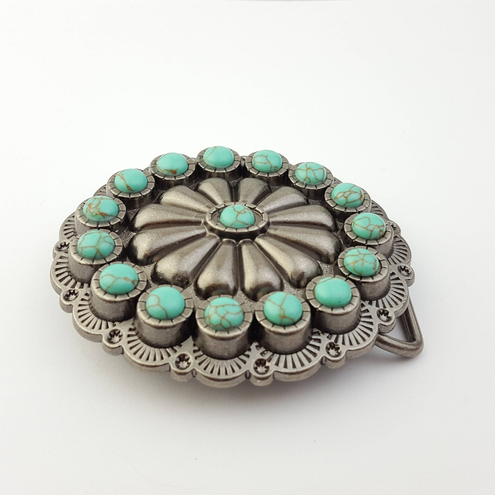 Oval Western Faux Turquoise Stone Belt Buckle - Cowhide and Conchos