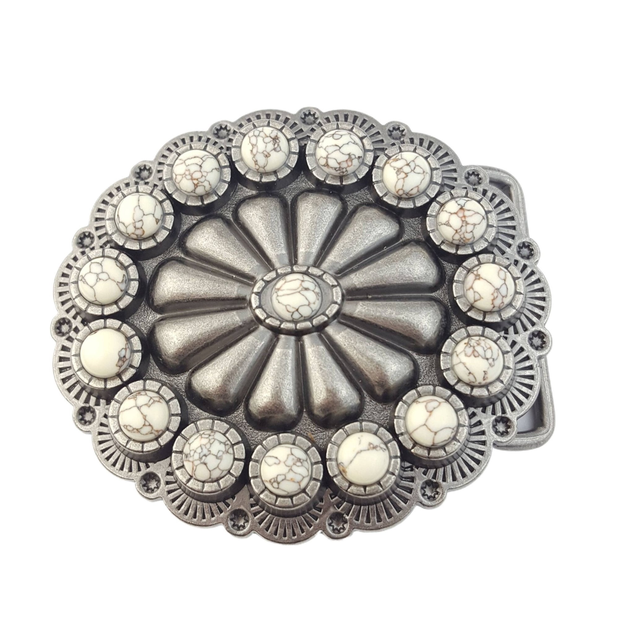 Oval Western Faux Turquoise Stone Belt Buckle - Cowhide and Conchos