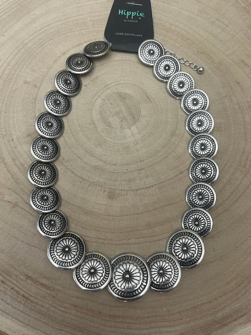 Overlapping Concho Necklace - 18 inch - Cowhide and Conchos