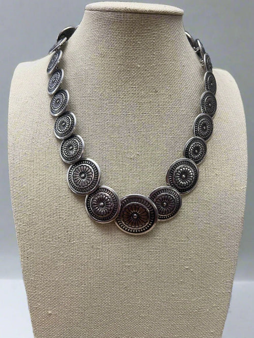 Overlapping Concho Necklace - 18 inch - Cowhide and Conchos