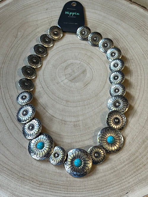Overlapping Concho with Faux Turquoise Necklace - 18 inch - Cowhide and Conchos