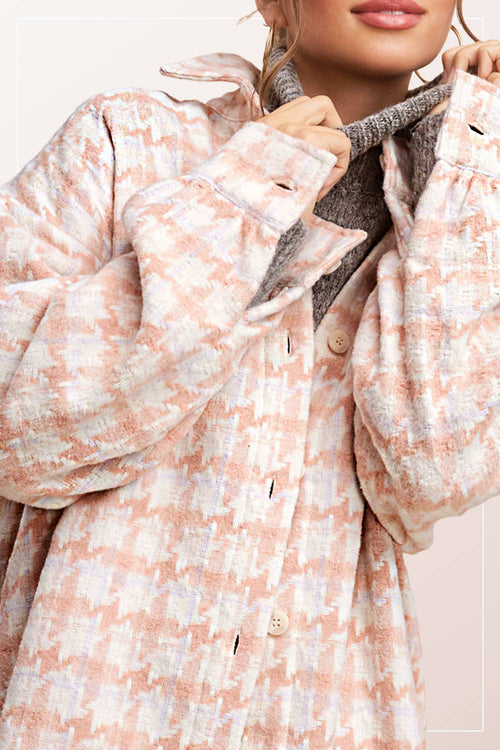 Oversized Houndstooth Patterned Soft Brushed Shacket - Cowhide and Conchos