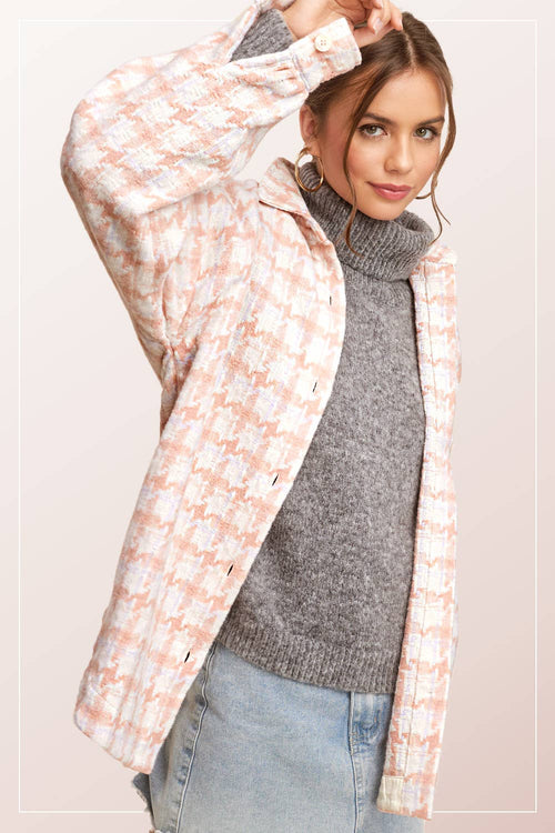 Oversized Houndstooth Patterned Soft Brushed Shacket - Cowhide and Conchos