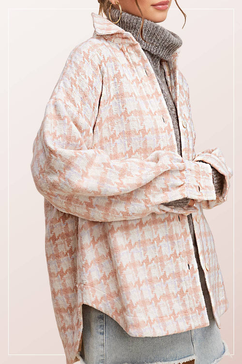 Oversized Houndstooth Patterned Soft Brushed Shacket - Cowhide and Conchos