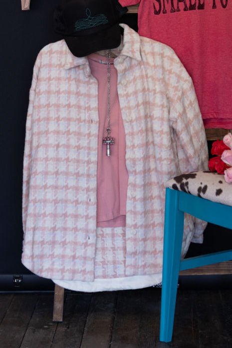 Oversized Houndstooth Patterned Soft Brushed Shacket - Cowhide and Conchos
