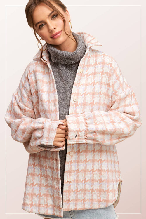 Oversized Houndstooth Patterned Soft Brushed Shacket - Cowhide and Conchos