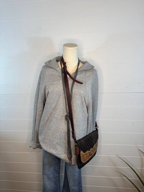 Oversized Sweatshirt Quarter Zip Top - Cowhide and Conchos
