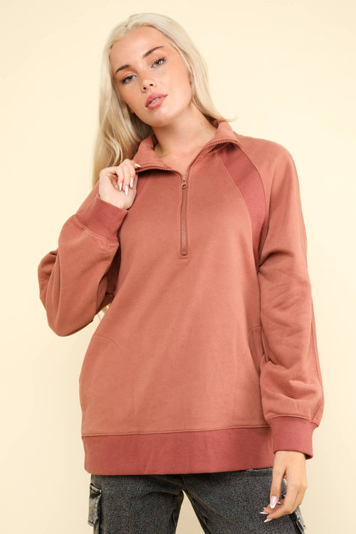 Oversized Sweatshirt Quarter Zip Top - Cowhide and Conchos