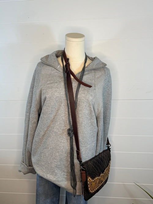Oversized Sweatshirt Quarter Zip Top - Cowhide and Conchos