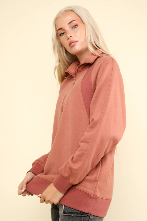 Oversized Sweatshirt Quarter Zip Top - Cowhide and Conchos