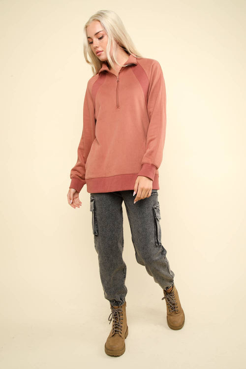 Oversized Sweatshirt Quarter Zip Top - Cowhide and Conchos
