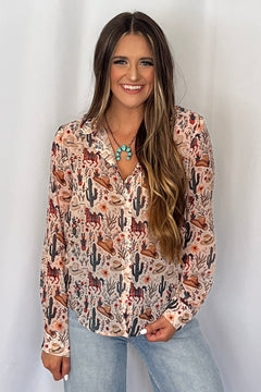 Painted Desert Chiffon Button Up Blouse - Cowhide and Conchos