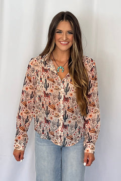 Painted Desert Chiffon Button Up Blouse - Cowhide and Conchos