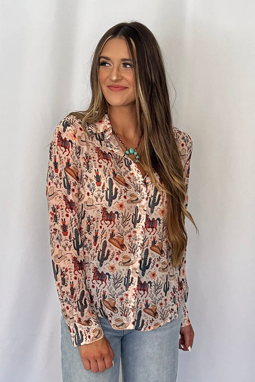 Painted Desert Chiffon Button Up Blouse - Cowhide and Conchos
