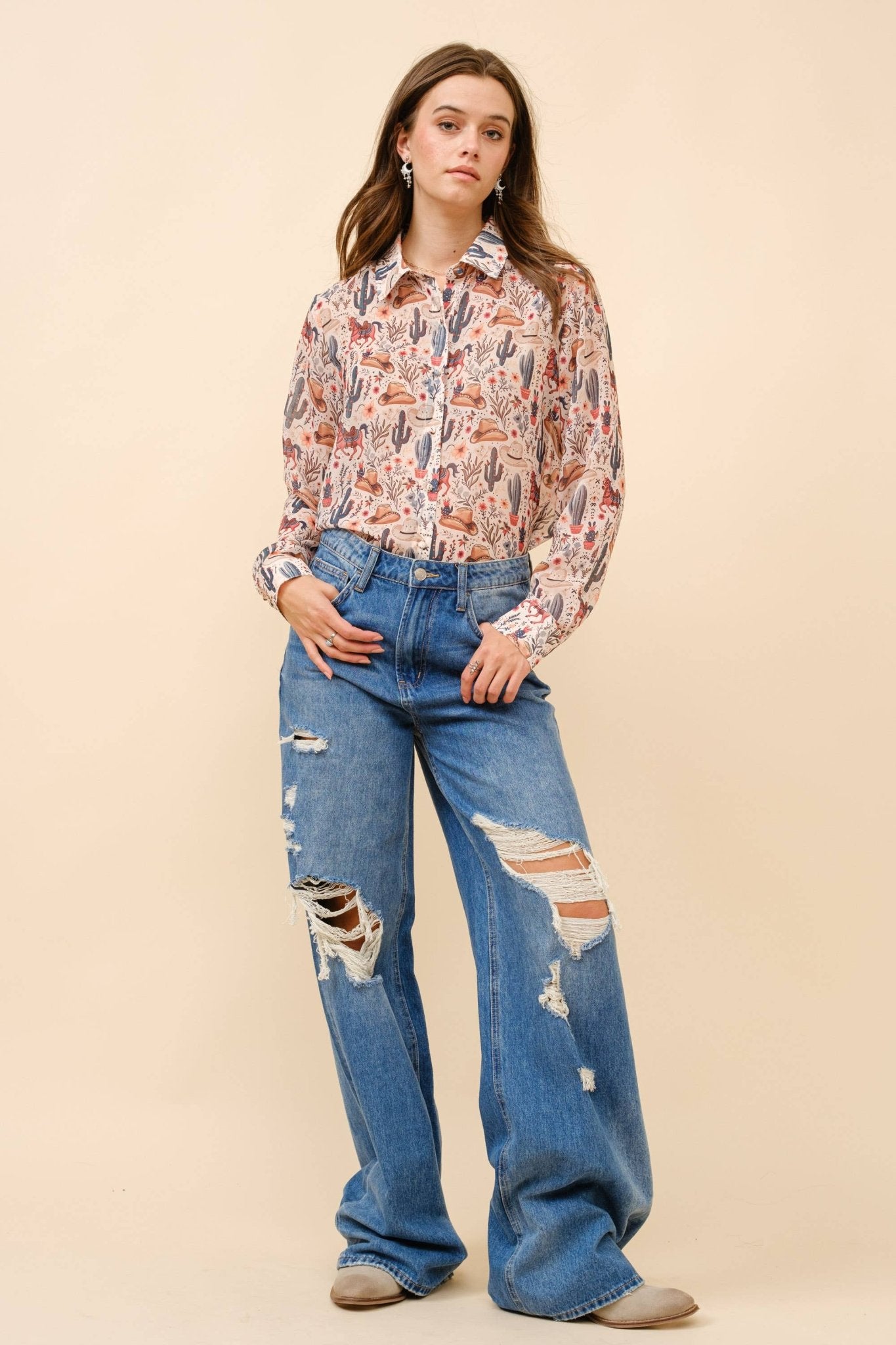 Painted Desert Chiffon Button Up Blouse - small remaining - Cowhide and Conchos