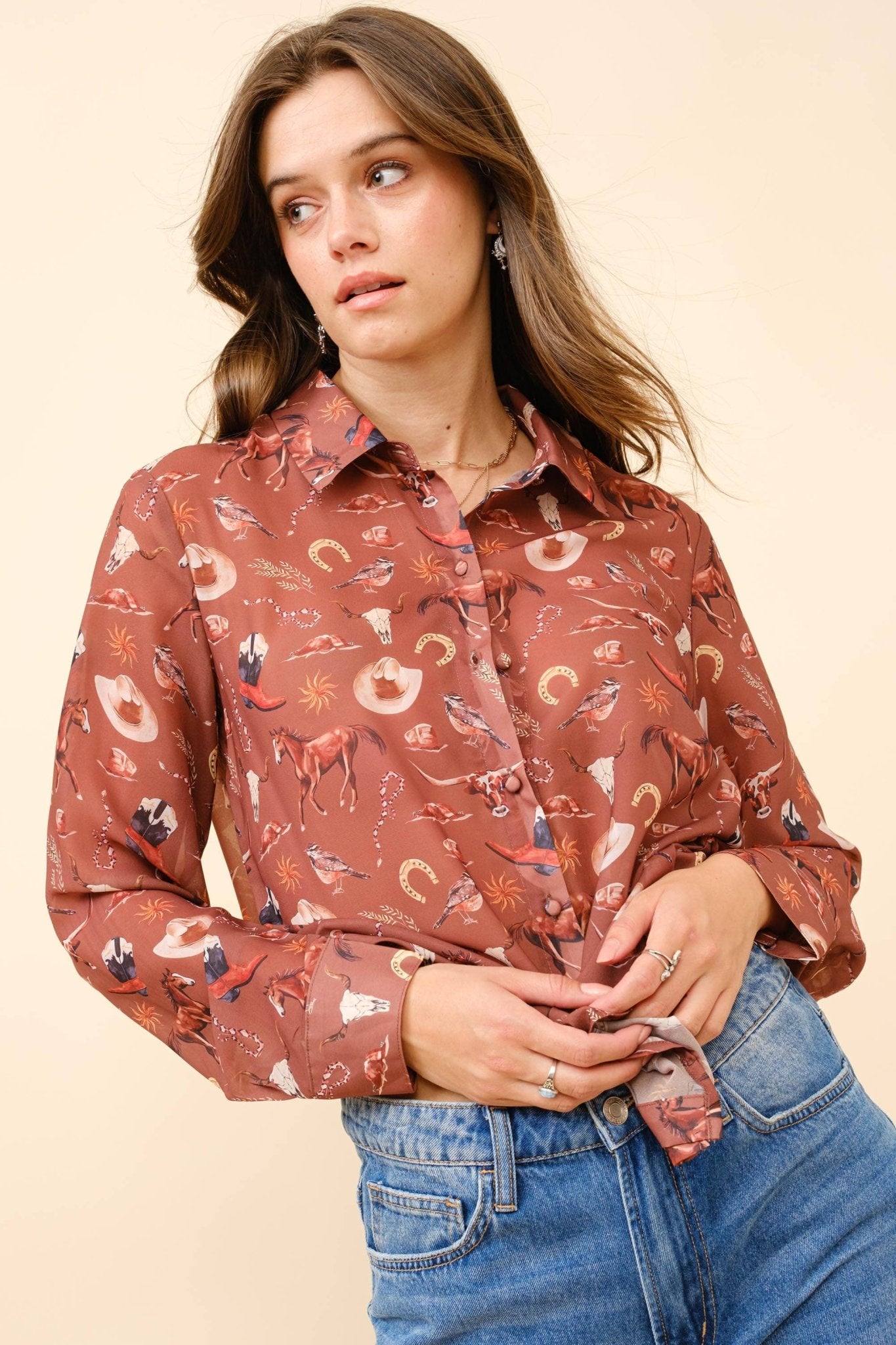 Painted Desert Chiffon Button Up Blouse - small remaining - Cowhide and Conchos