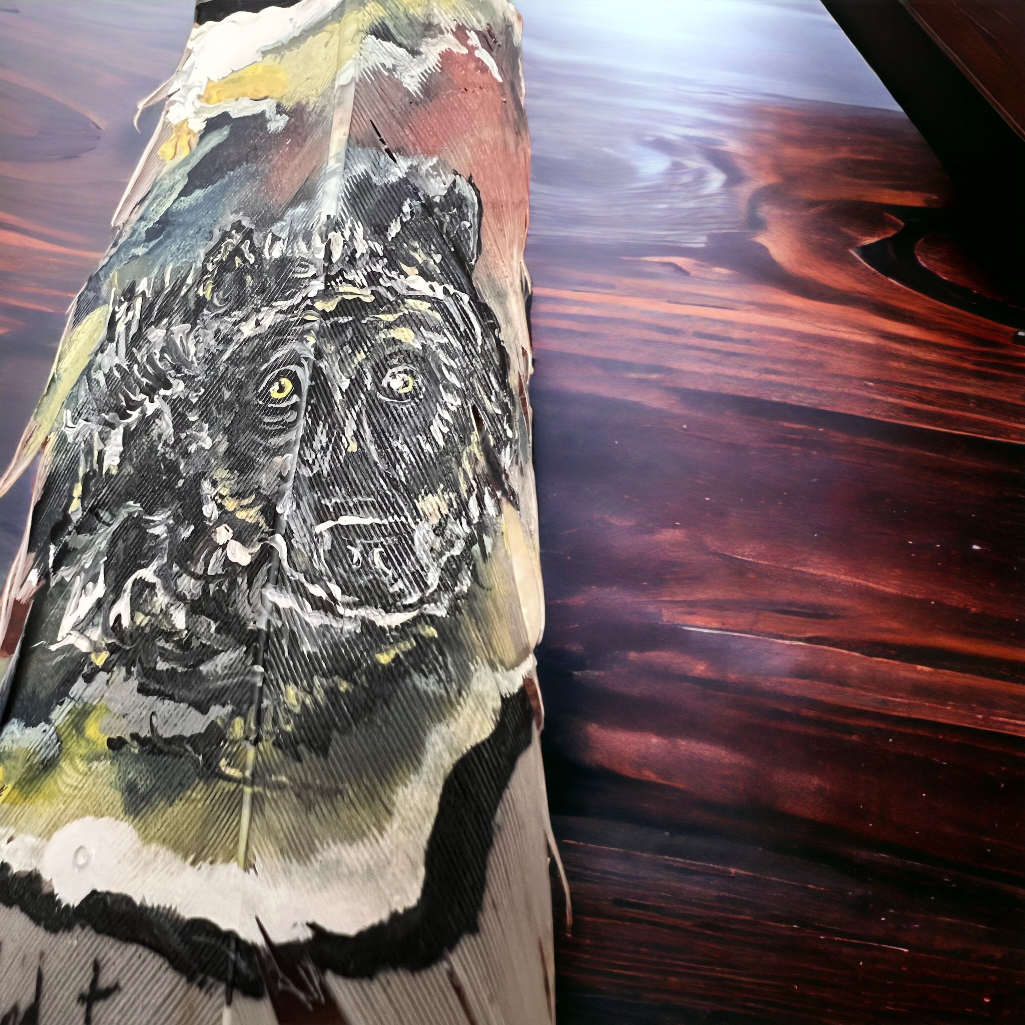 Painted hat feather by Chad Demien - Cowhide and Conchos