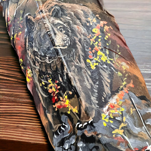 Painted hat feather by Chad Demien - Brown bear - Cowhide and Conchos