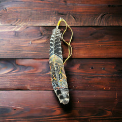 Painted hat feather by Chad Demien - Brown bear - Cowhide and Conchos