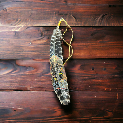 Painted hat feather by Chad Demien - Brown bear - Cowhide and Conchos
