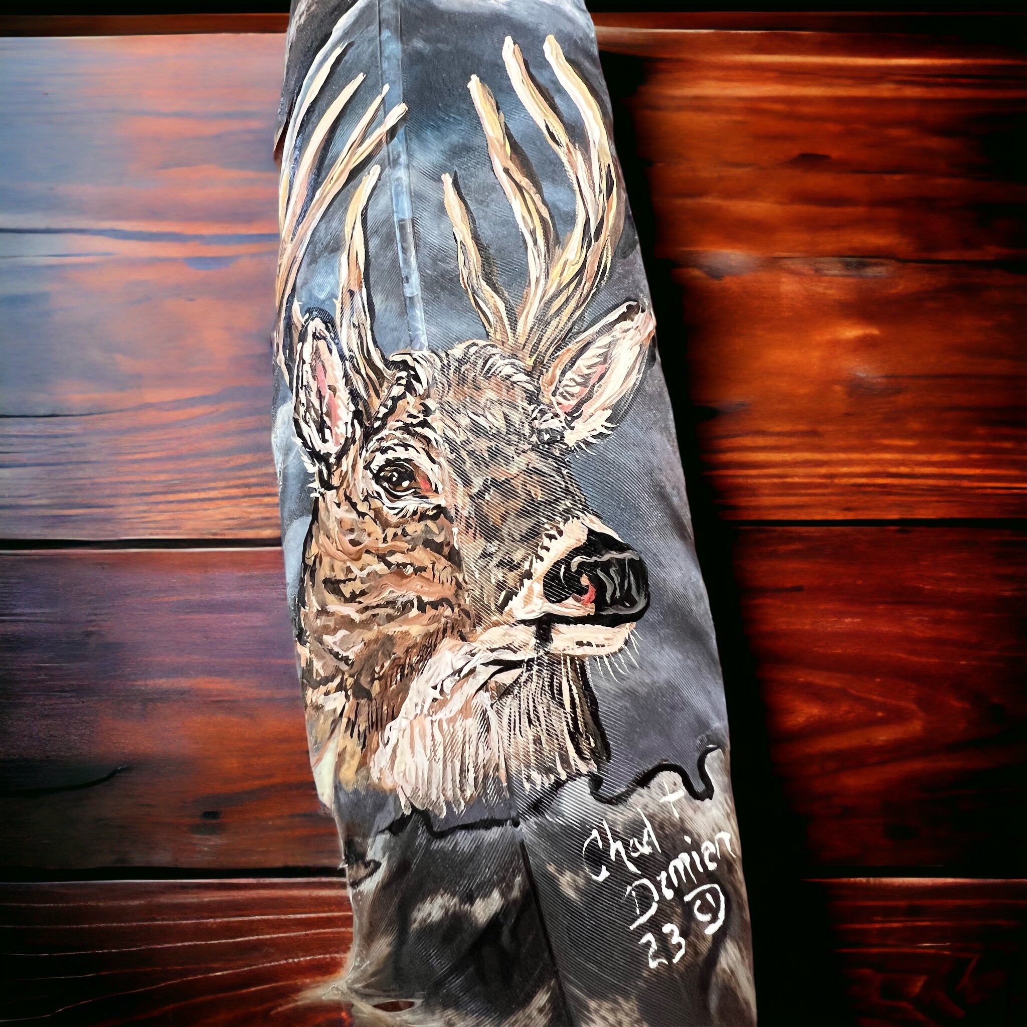 Painted hat feather by Chad Demien - Large buck - Cowhide and Conchos