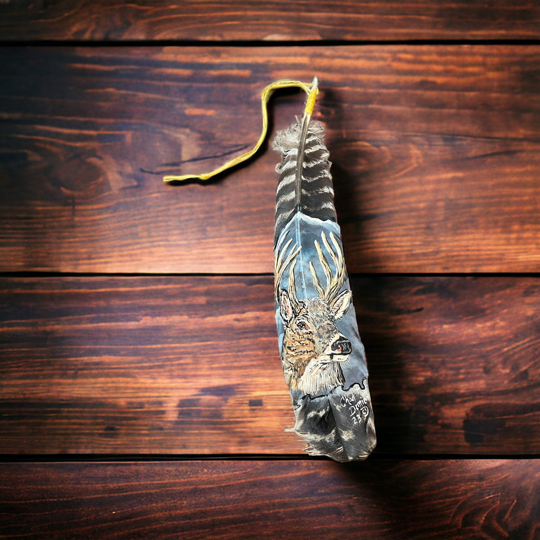 Painted hat feather by Chad Demien - Large buck - Cowhide and Conchos