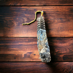 Painted hat feather by Chad Demien - Large buck - Cowhide and Conchos