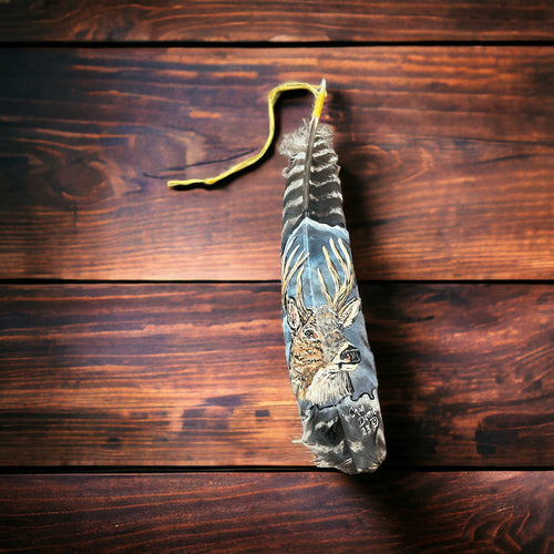 Painted hat feather by Chad Demien - Large buck - Cowhide and Conchos
