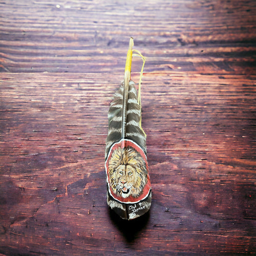 Painted hat feather by Chad Demien - Lion - Cowhide and Conchos