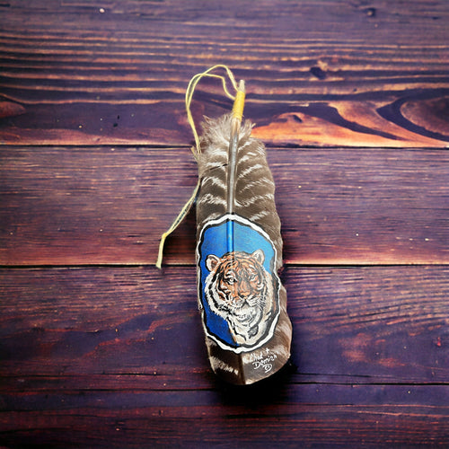 Painted hat feather by Chad Demien - Tiger - Cowhide and Conchos