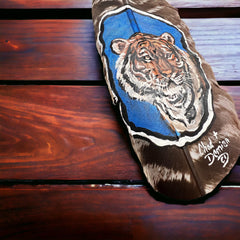 Painted hat feather by Chad Demien - Tiger - Cowhide and Conchos