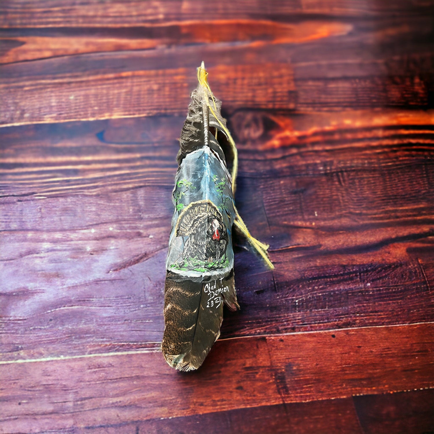 Painted hat feather by Chad Demien - Wild turkey  Cowhide and Conchos