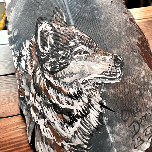Painted hat feather by Chad Demien - Wolf - Cowhide and Conchos