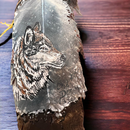 Painted hat feather by Chad Demien - Wolf - Cowhide and Conchos