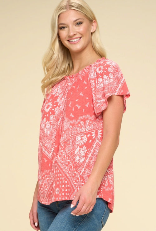 Paisley Printed Boat Neckline Top - Cowhide and Conchos