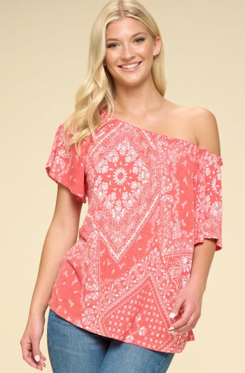 Paisley Printed Boat Neckline Top - Cowhide and Conchos