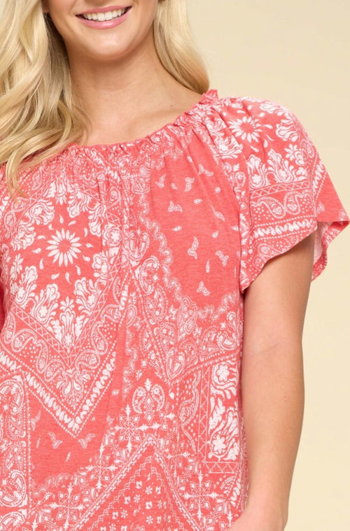 Paisley Printed Boat Neckline Top - Cowhide and Conchos