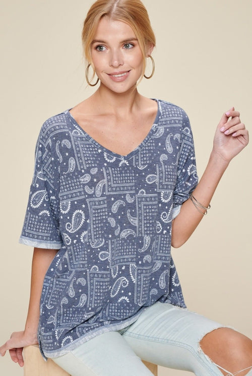Paisley Printed French Terry Knit Top - Cowhide and Conchos