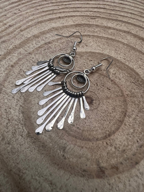 Pam Armstrong Navajo Handmade Sterling Dangle Earrings - 1 3/4 inch drop - Cowhide and Conchos