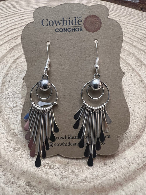 Pam Armstrong Navajo Handmade Sterling Dangle Earrings - 1 3/4 inch drop - Cowhide and Conchos
