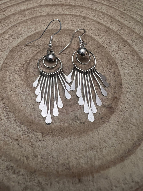 Pam Armstrong Navajo Handmade Sterling Dangle Earrings - 1 3/4 inch drop - Cowhide and Conchos