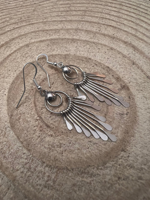 Pam Armstrong Navajo Handmade Sterling Dangle Earrings - 1 3/4 inch drop - Cowhide and Conchos