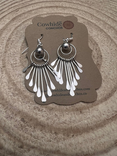 Pam Armstrong Navajo Handmade Sterling Dangle Earrings - 1 3/4 inch drop - Cowhide and Conchos